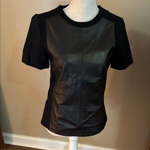 Ann Taylor Black  Leather Panel Short Sleeve Top
